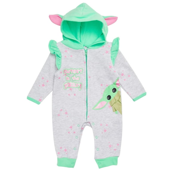 STAR WARS The Mandalorian Baby Girls Hooded Bodysuit - Baby Yoda Sweatshirt Fleece Zip Up One Piece Pink/Yellow, 24M