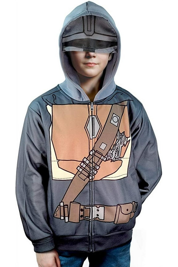 STAR WARS The Mandalorian Mando Sublimated Costume zip up Hoodie w/ Mask for Youth Kids - Large
