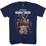 STAR WARS The Mandalorian Squad and Baby Yoda Grogu Group Shot Graphic Youth T-Shirt - Kids Unisex Navy Blue Tee, Large