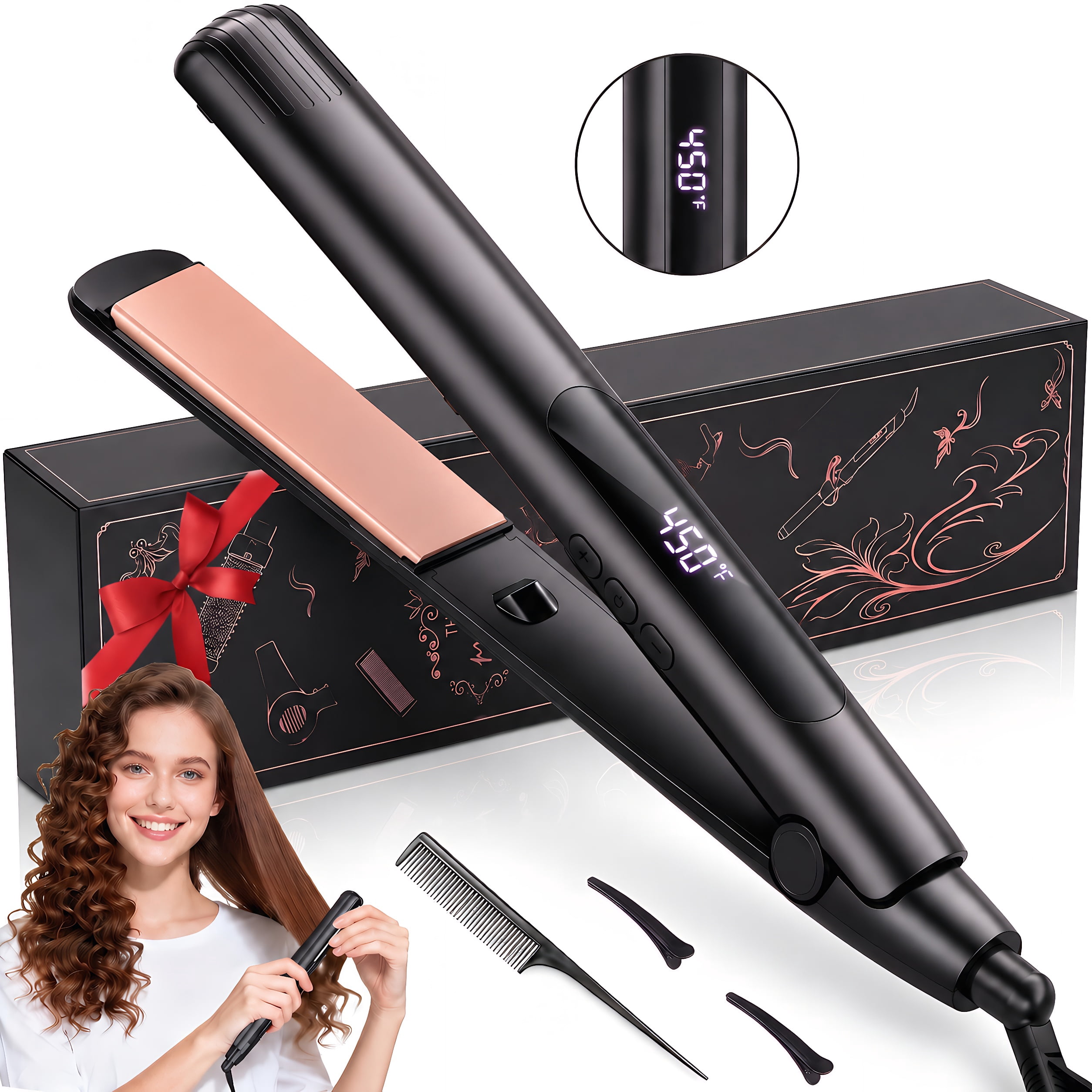 STARBIAO 1 Inch Flat Iron Hair Straightener and Curler, 2 in 1 Titanium Ceramic Styling Tool, Up to 450F, Ionic, Dual Voltage, Black