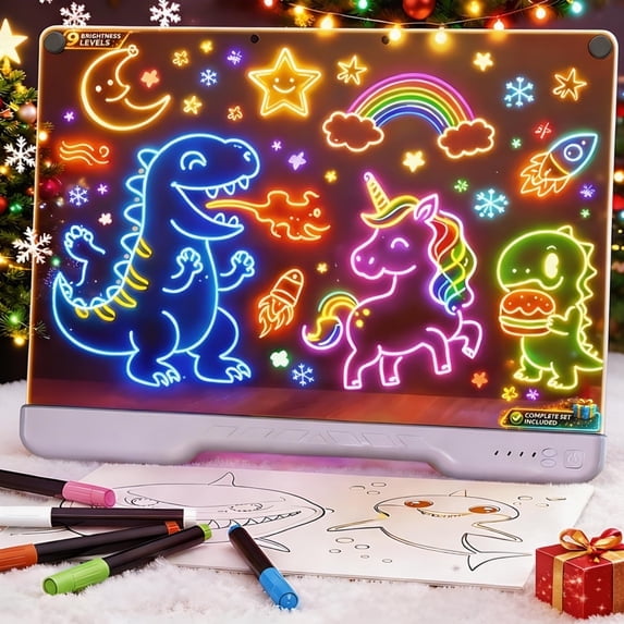 STARBIAO 16" LED Light-Up Drawing Board with 9 Adjustable Brightness Levels, Rechargeable Acrylic Message Board for Kids, 10 Color Modes, Complete Set, Gift, Black