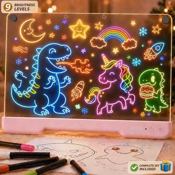 STARBIAO 16" LED Light-Up Drawing Board with 9 Adjustable Brightness Levels, Rechargeable Acrylic Message Board for Kids, 10 Color Modes, Complete Set, Gift, Pink