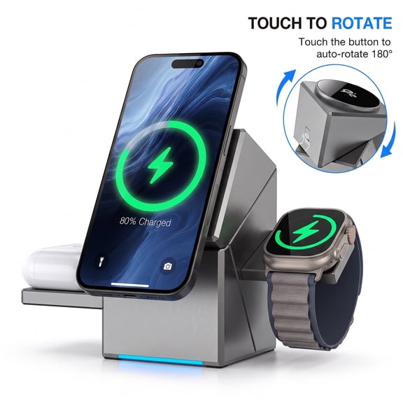 STARBIAO 3-in-1 Wireless Charging Station for iPhone 17/16/15/14/13/12, 180° Rotating Magnetic Charger for Apple Watch & AirPods, Wireless Charger for Samsung Galaxy, Google Pixel & Qi Phones