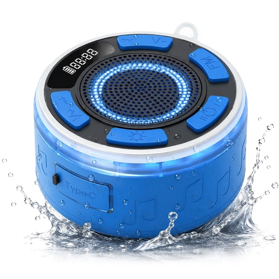 STARBIAO IPX7 Waterproof Shower Bluetooth Speaker, Portable Wireless Speaker with Suction Cup, Bluetooth 5.3, LED Clock, RGB Light, FM Radio, TWS Pairing, 360° Sound, Blue