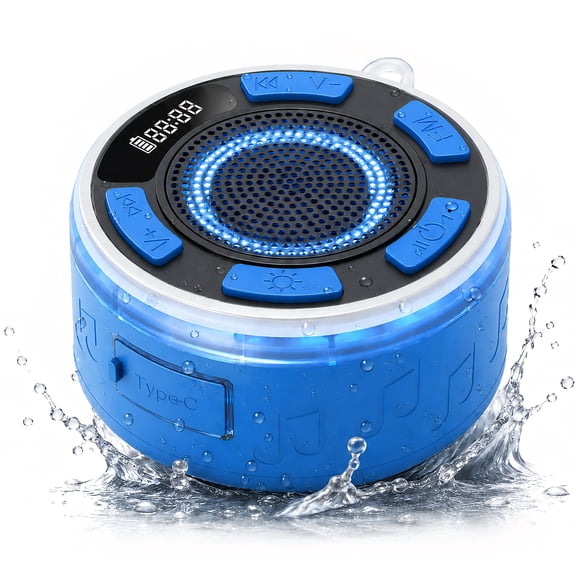 STARBIAO IPX7 Waterproof Shower Bluetooth Speaker, Portable Wireless Speaker with Suction Cup, Bluetooth 5.3, LED Clock, RGB Light, FM Radio, TWS Pairing, 360° Sound, Blue
