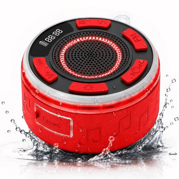 STARBIAO IPX7 Waterproof Shower Bluetooth Speaker, Portable Wireless Speaker with Suction Cup, Bluetooth 5.3, LED Clock, RGB Light, FM Radio, TWS Pairing, 360° Sound, Red