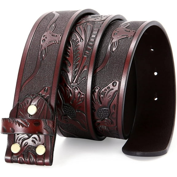Nelbons Classic Western Bull Head Design Leather Snap On Belt Mens Womens-NO BUCKLE