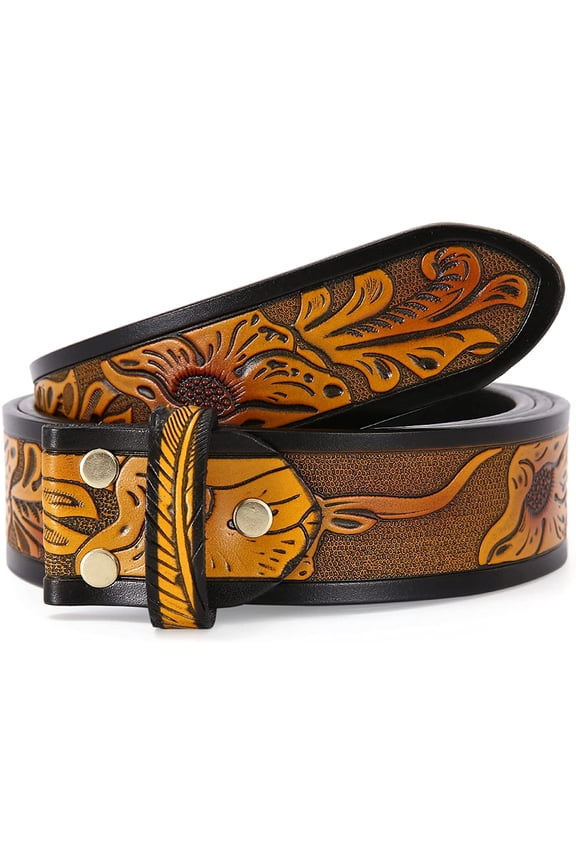 STARBRILLIANT Classic Western Bull Head Design Leather Snap On Belt Mens Womens-NO BUCKLE