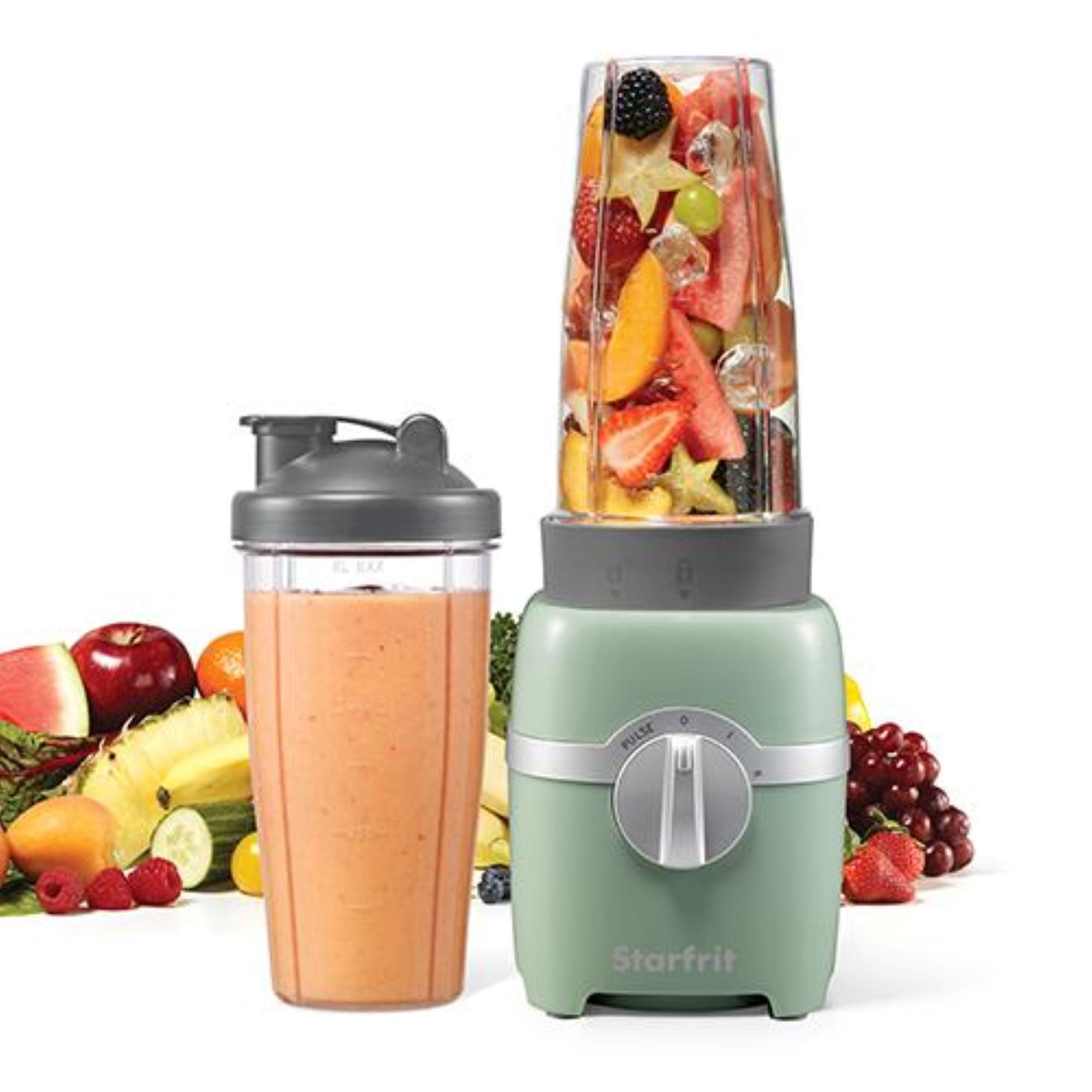 Starfrit 6-Piece Blender set 300w, Sage, 2 x 28oz large cups, 2x travel lids, Powerful Stainless Steel blending blade