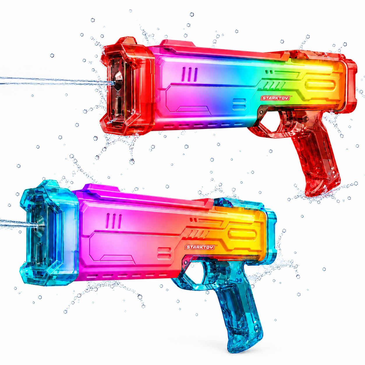 STARKTOY Electric Water Blasters 2 Pack Light Up Full Body Color Changing LED Squirt Guns, Automatic Rechargeable Water Guns for Kids & Adults, Long Range Soaker Set Red and Blue