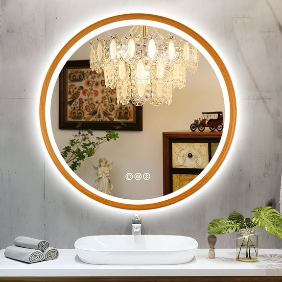STARLEAD 31.5 inch Round LED Bathroom Mirror Vanity Mirror with Lights 3 Colors Dimmable Bluetooth Anti-Fog+Waterproof Smart Touch Butto Wall Mounted