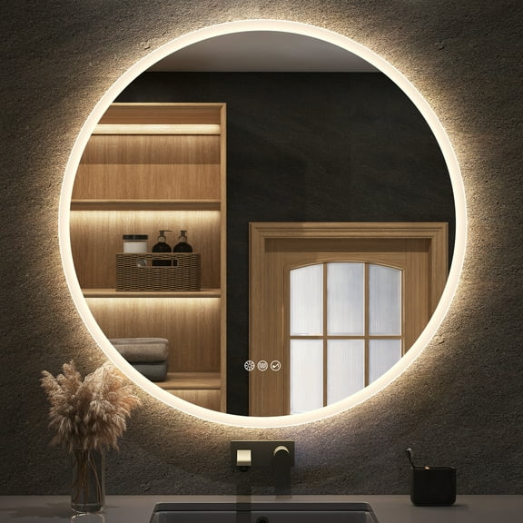 STARLEAD 32 inch Large Round LED Bathroom Mirror with lights,Dimmable,Touch,Wall Mounted,Anti-Fog,with Bluetooth