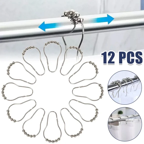 STARLIGHT- 12Packs Metal Shower Curtain Hooks Rings Double Glide Roller Set For Bathroom