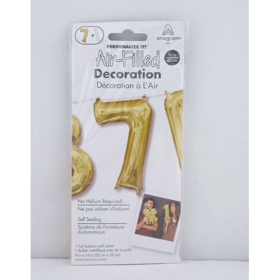 STARLIGHT- 16" Gold Foil Balloon, Number 7, No Helium Required, Self Sealing - Brand New!