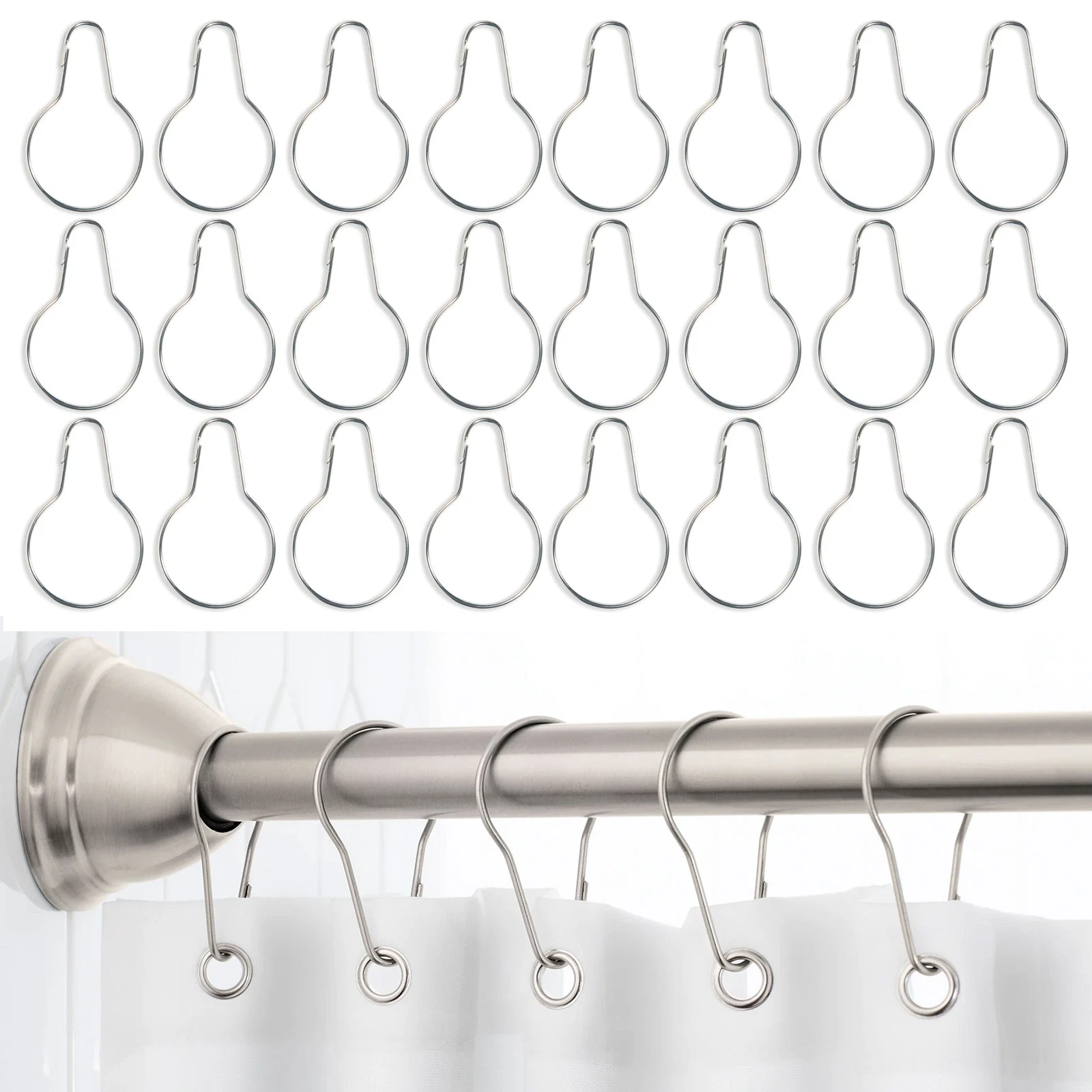 Star Light Rods STARLIGHT- 24 Pc Shower Hooks Silver Glide Metal Curtain Rods Rings ...