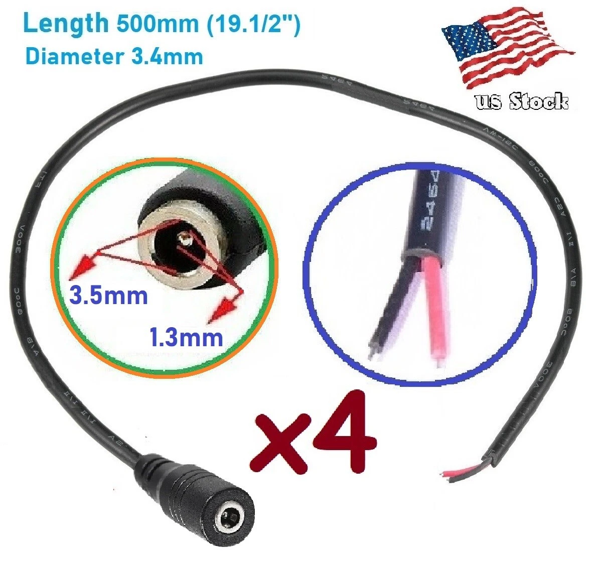 STARLIGHT- 4Pcs Dc Cable 3.5 X 1.3Mm Female 24Awg Led Light Monitor ...
