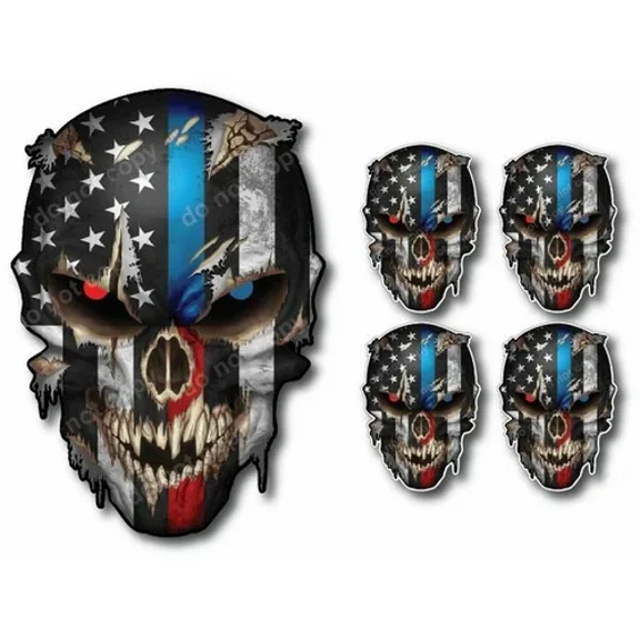 STARLIGHT- 5X Thin Blue Red Line Usa American Flag Skull Sticker Cop Decal Car Truck Window