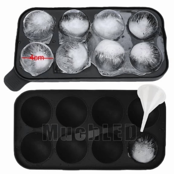 STARLIGHT- Black Round Silicon Ice Cube Ball Maker Tray 8 Large Sphere Molds Bar W/ Funnel