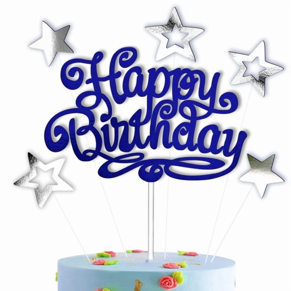 STARLIGHT- Blue Birthday Cake Topper Set 6 Piece Double Sided Stars Food Safe Decor