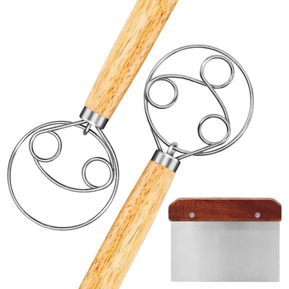 STARLIGHT- Danish Dough Whisk, 2 Pack Stainless Steel Dutch Whisk With A Dough Scraper