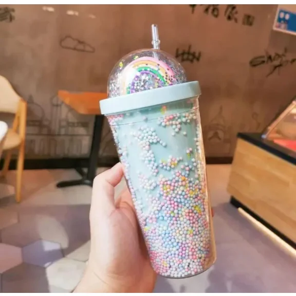 STARLIGHT- Double Wall Rainbow Water Bottle For Girls Shiny Glitter Tumbler 19Oz (Blue)