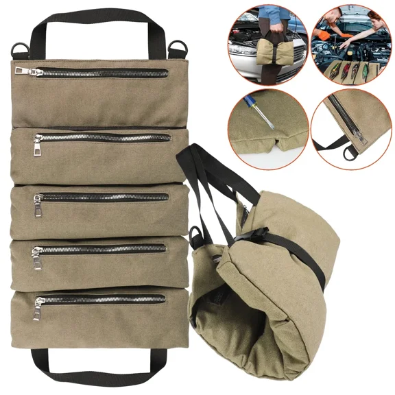 STARLIGHT- Khaki Car Backrest Canvas Tool Organizer Multi-Purpose Tool Roll Up Bag 5 Pocket