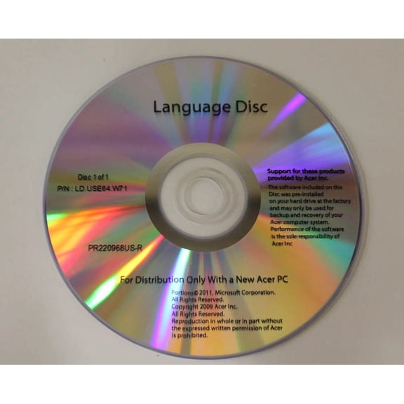 STARLIGHT- Ld.Use64.W71 Acer Windows 7 English Language Disc 64-Bit For As7540