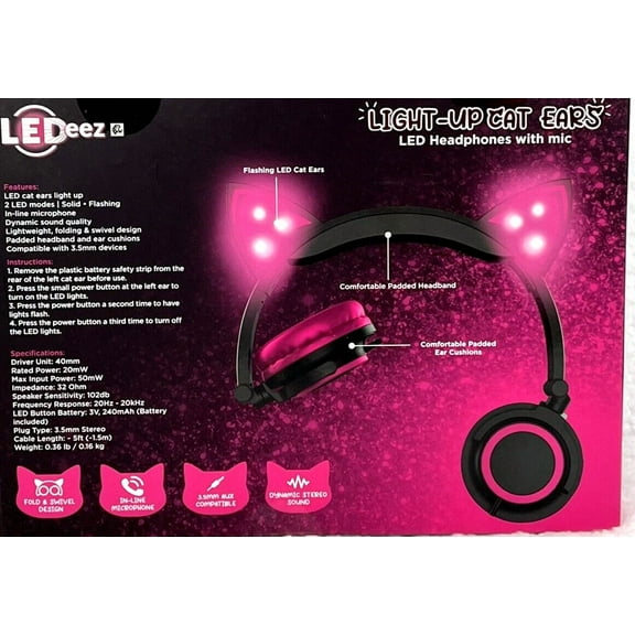 STARLIGHT- Led Headphones W/Mic & Flashing Light-Up Pink Cat Ears 3.5Mm Aux Compatible