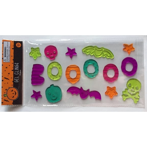 New Halloween 17 Pc Booooo Window Sticker Gel Clings Decor Skulls Bats Stars!
