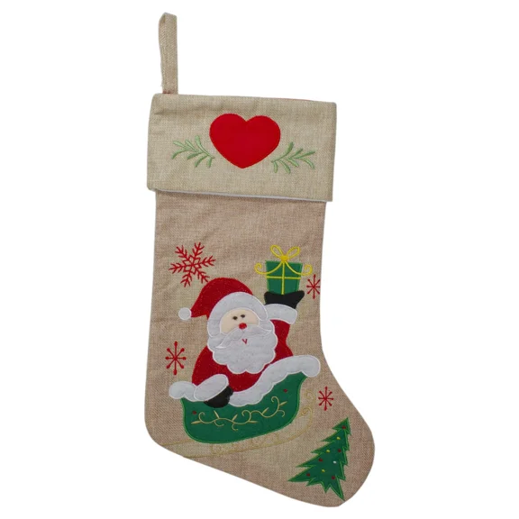 STARLIGHT- Northlight 15.5" Burlap Santa Claus In Sleigh Embroidered Christmas Stocking