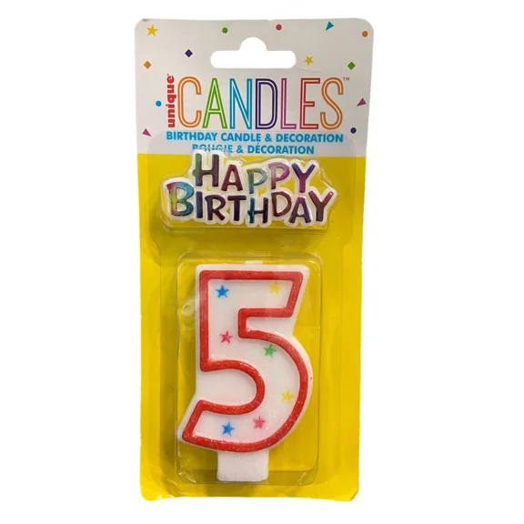 STARLIGHT- Number 5 Candle Red Edge Glitter Stars With Topper ,Birthday Party Occasion