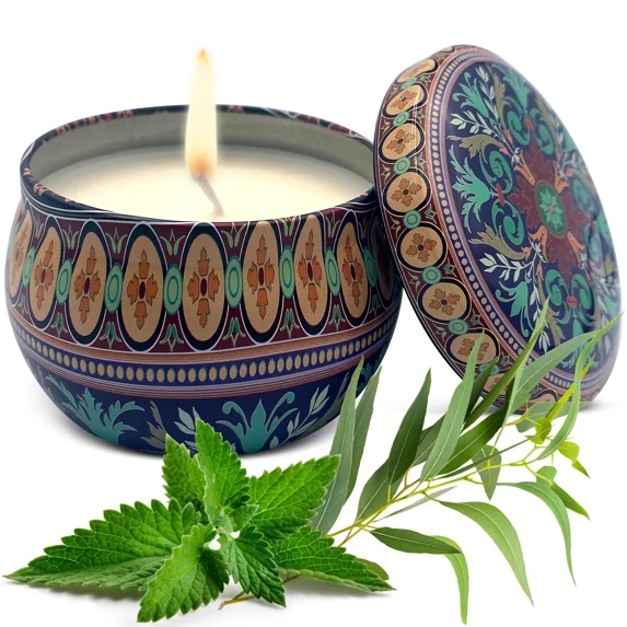 STARLIGHT- Peppermint Eucalyptus Scented Soy Wax Candle In Decorative Tin Box - Handmade
