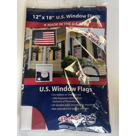 STARLIGHT- Usa Window Flags 2 Pk By Betsy Flags - Brand New 12"18" Includes Suction Cups