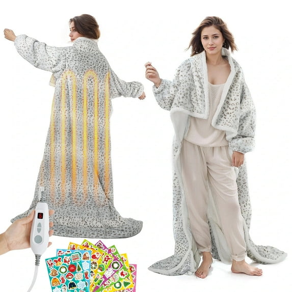 Ominelu Electric Heated Blanket - Wearable Heating Blanket Throw with Foot Pockets & Sleeves Flannel & Sherpa Wearable Blanket 6 Heating Levels & Timer Snuggle Blankets for Home/Office