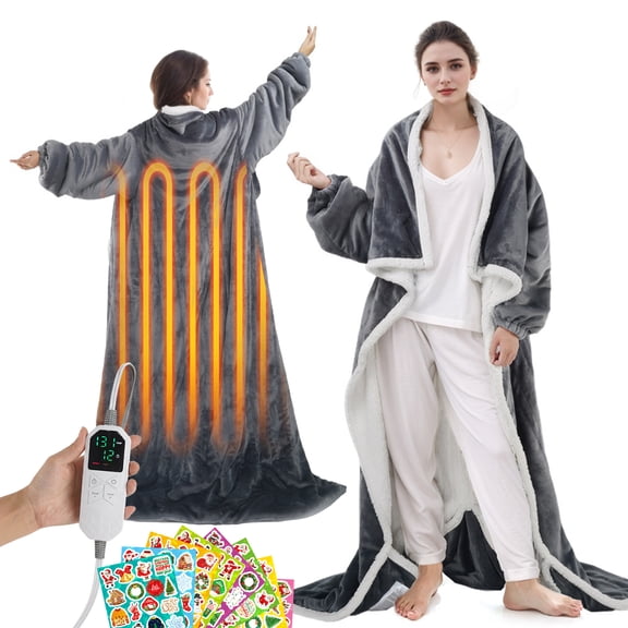 Ominelu Electric Heated Blanket,Wearable Heating Blanket Throw with Foot Pockets & Sleeves, Flannel & Sherpa Snuggle Wearable Blanket, Multi Heat Levels & 1‑12H Auto‑Off Timer for Home Office