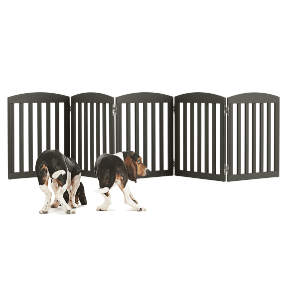 STAROUS 120" Extra Wide 28" Tall Foldable Dog Gates, Wooden Freestanding Pet Gate Indoor, Step Over Puppy Fence, 5 Panels, Grey