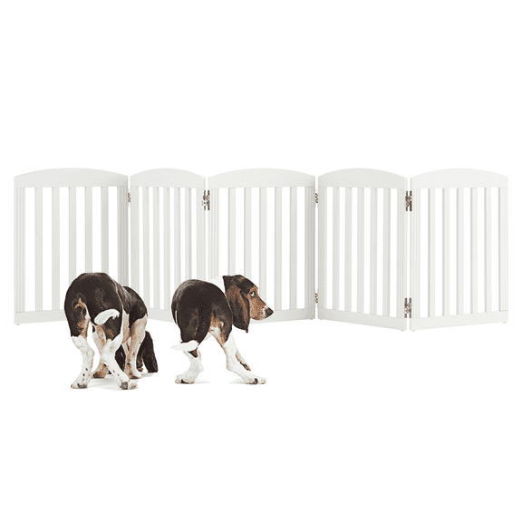 STAROUS 120" Extra Wide 28" Tall Foldable Dog Gates, Wooden Freestanding Pet Gate Indoor, Step Over Puppy Fence, 5 Panels, White