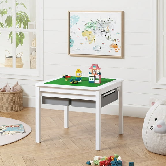 STAROUS 2 in 1 Kids Construction Play Table with Storage Drawers and Built-in Plate (White)