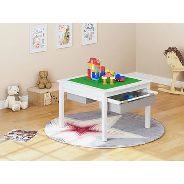 STAROUS 2 in 1 Kids Construction Play Table with Storage Drawers and Built-in Plate (White)