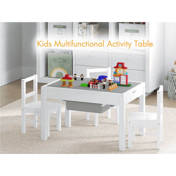 Shininglove Kids Wood Table & 2 Chairs Set, 3 in 1 Children Activity ...