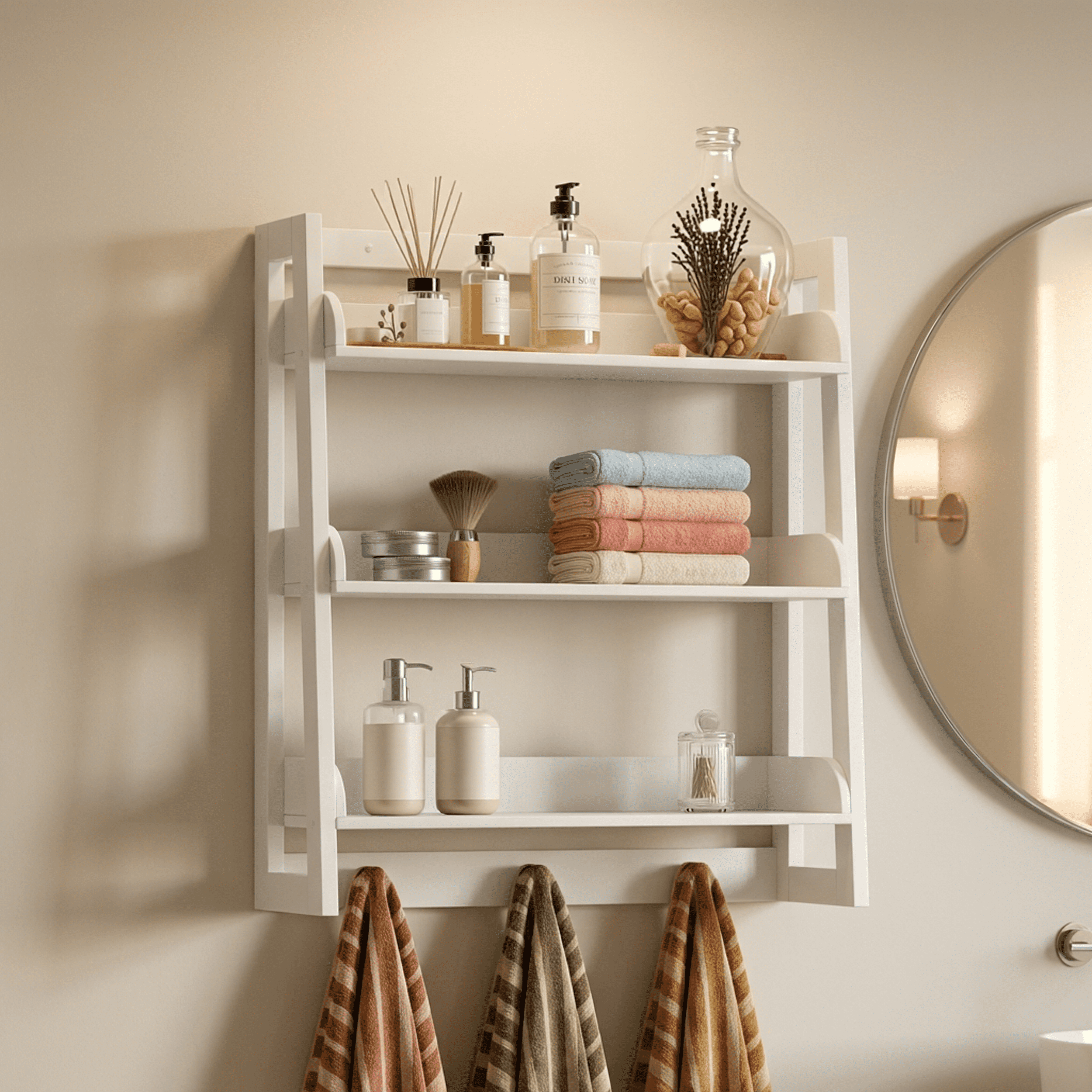STAROUS  3 Tier Bathroom Shelf Wall Mounted with Towel Hooks, Bathroom Organizer Shelf Over The Toilet (White)
