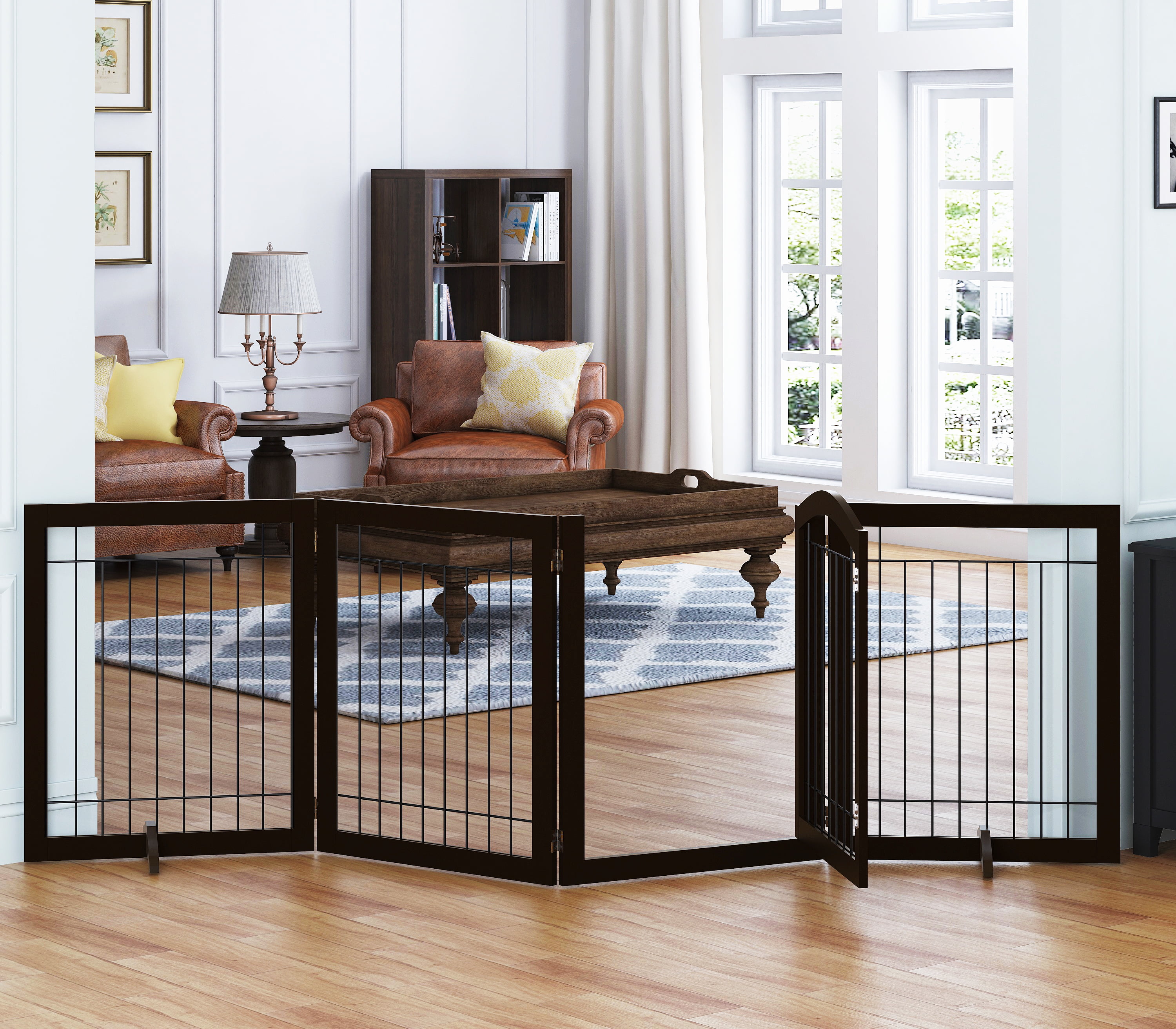 STAROUS 96-inch Extra Wide 30-inches Tall Dog gate with Door Walk Through, Freestanding Wire Pet Gate for The House, Doorway, Stairs, Pet Puppy Safety Fence, Support Feet Included(Espresso)