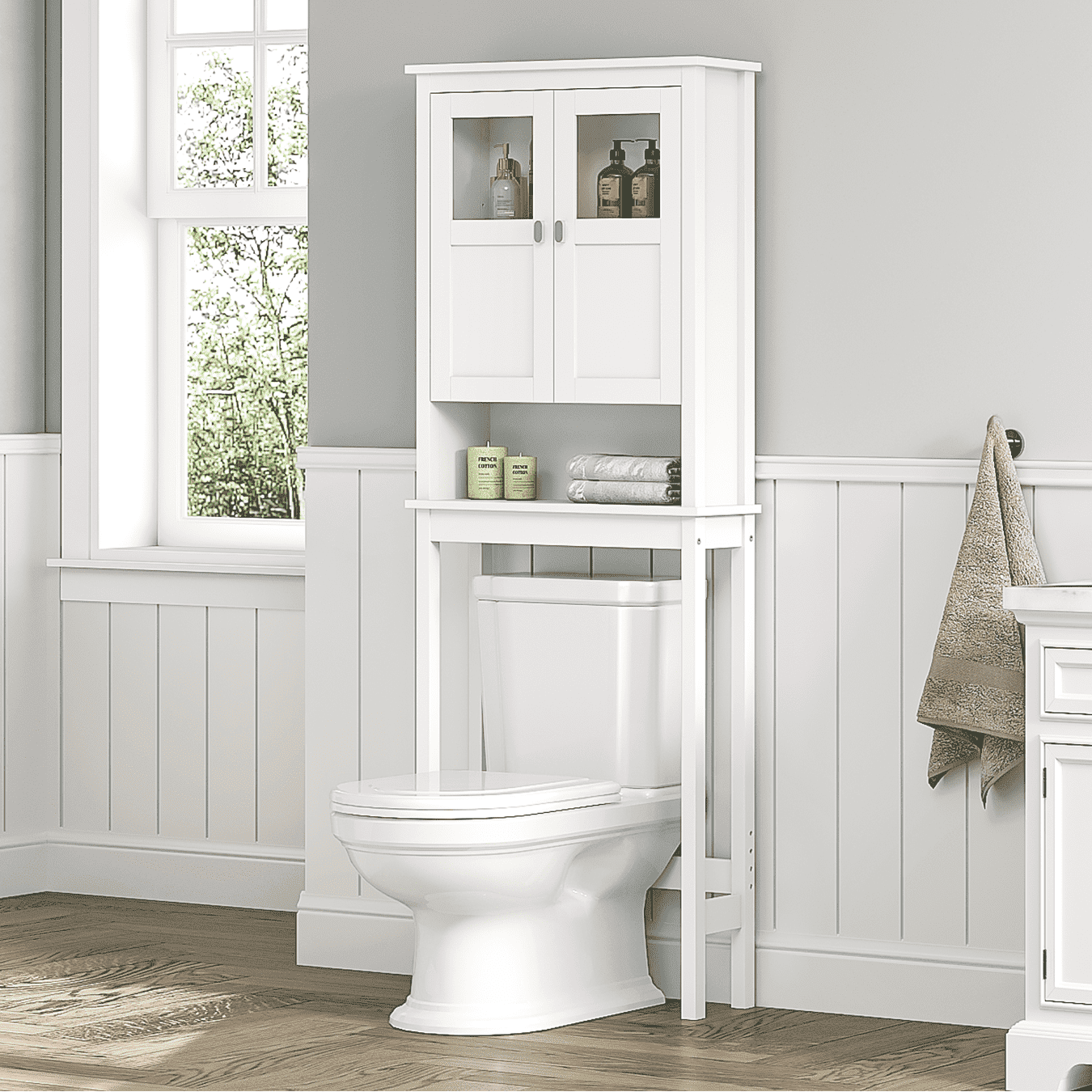 STAROUS Bathroom Cabinet Over Toilet, Bathroom Storage Cabinet with Glass Doors and Adjustable Shelves, Over The Toilet Storage Cabinet, White