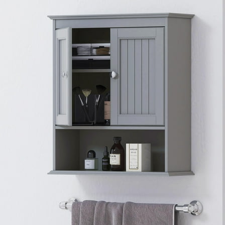 STAROUS Bathroom Cabinet Wall Mounted with Doors, Wood Hanging Cabinet, Wall Cabinets with Doors and Shelves Over The Toilet,Gray