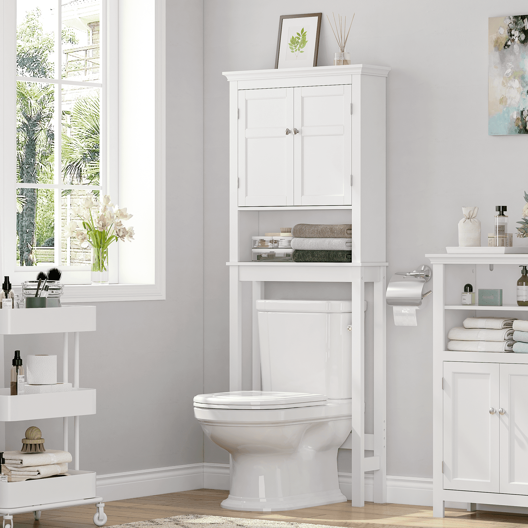 STAROUS Bathroom Storage Over The Toilet, Bathroom Cabinet Organizer with Adjustable Shelves, Bathroom Space Saver for Bathroom, White