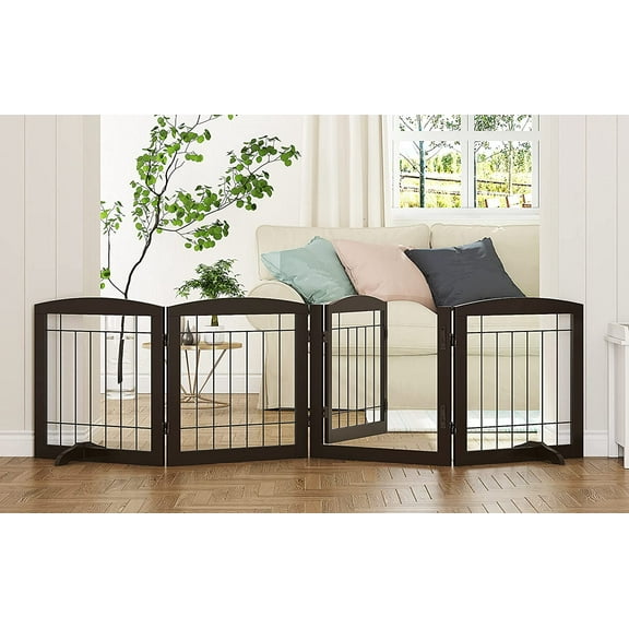 STAROUS Esspresso Freestanding Dog Gate with Walk-Through Door: Secure Indoor Barrier - 80" Wide, 24" Height, 4 Panels