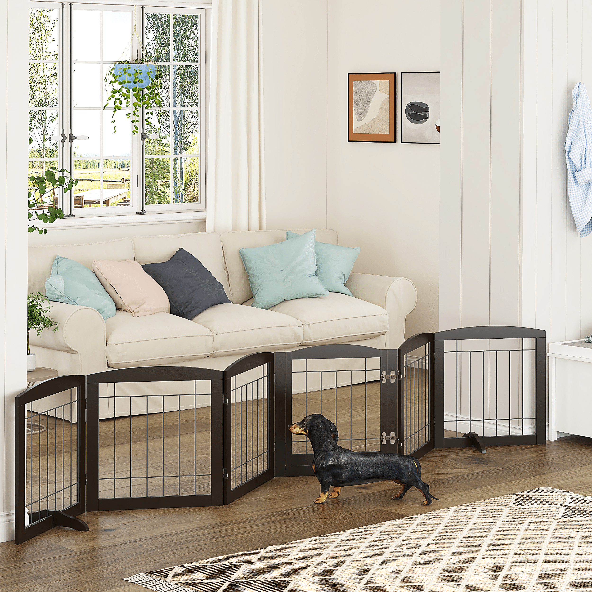 STAROUS Extra Wide Wooden Dog Gate with Convenient Walk-Through Door: Secure Pet Barrier for Home - Suitable for Doorways, Stairs, and Openings, 110" Wide, 6 Panels (Espresso)