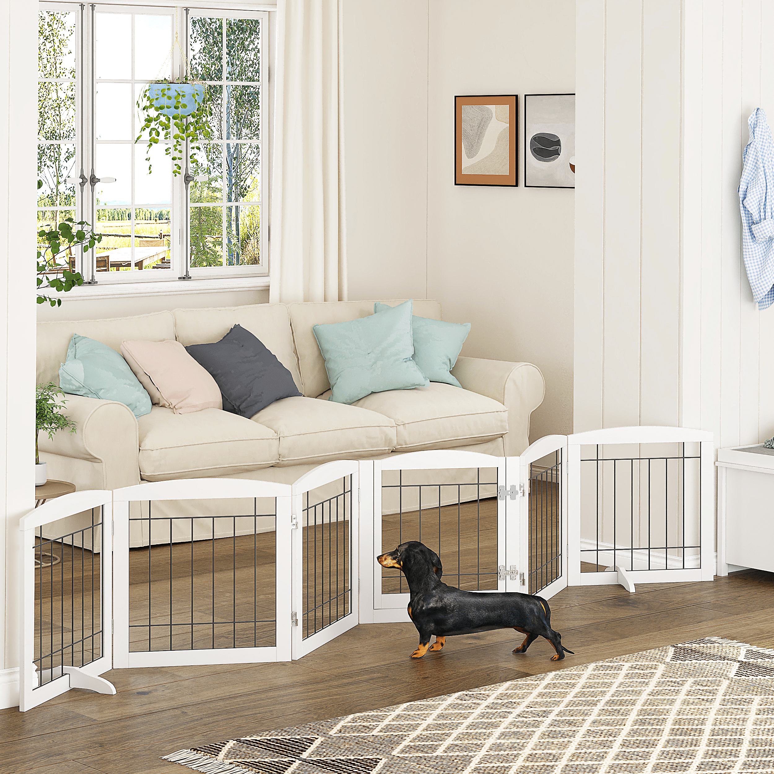 STAROUS Extra Wide Wooden Dog Gate with Convenient Walk-Through Door:  Secure Pet Barrier for Home - Suitable for Doorways, Stairs, and Openings,  110\, image size:2500x2500