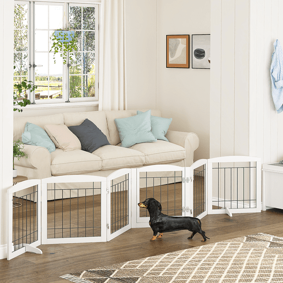 STAROUS Extra Wide Wooden Dog Gate with Convenient Walk-Through Door: Secure Pet Barrier for Home - Suitable for Doorways, Stairs, and Openings, 110" Wide, 6 Panels (White)