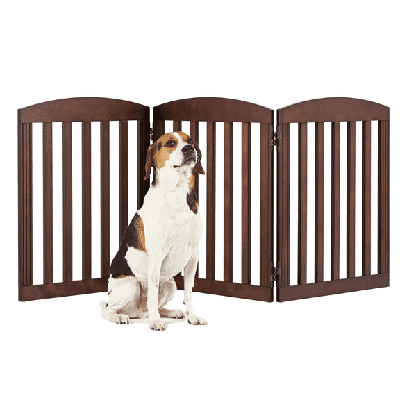 STAROUS Foldable Dog Gate, Dog Gates for Doorways, Stairs, The House, Wooden Freestanding Pet Gate Indoor, Step Over Puppy Gate, 3 Panels, Brown